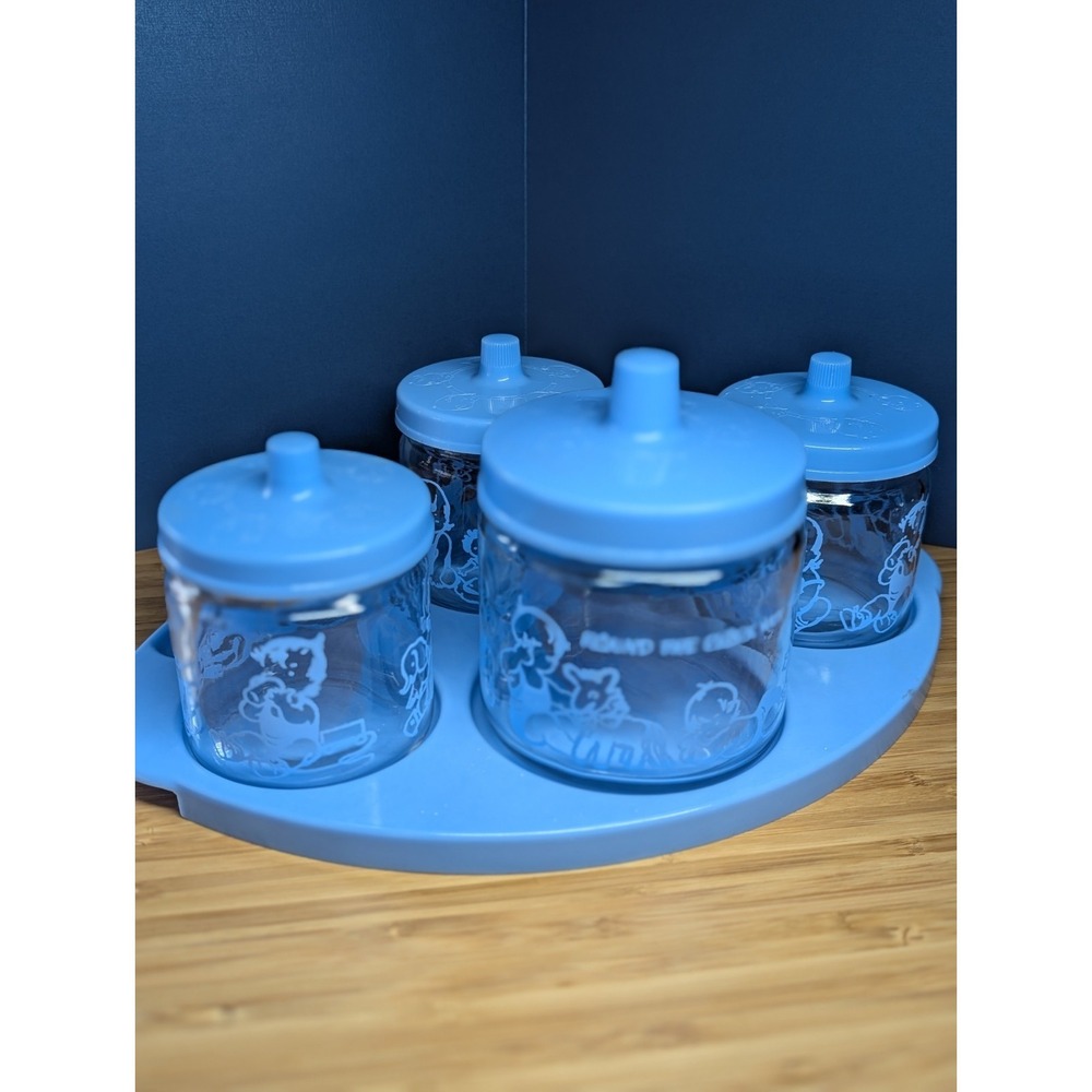 Vintage Baby Nursery BLUE Vanity Changing Table Glass Jar Set W/Tray Lids 1950s